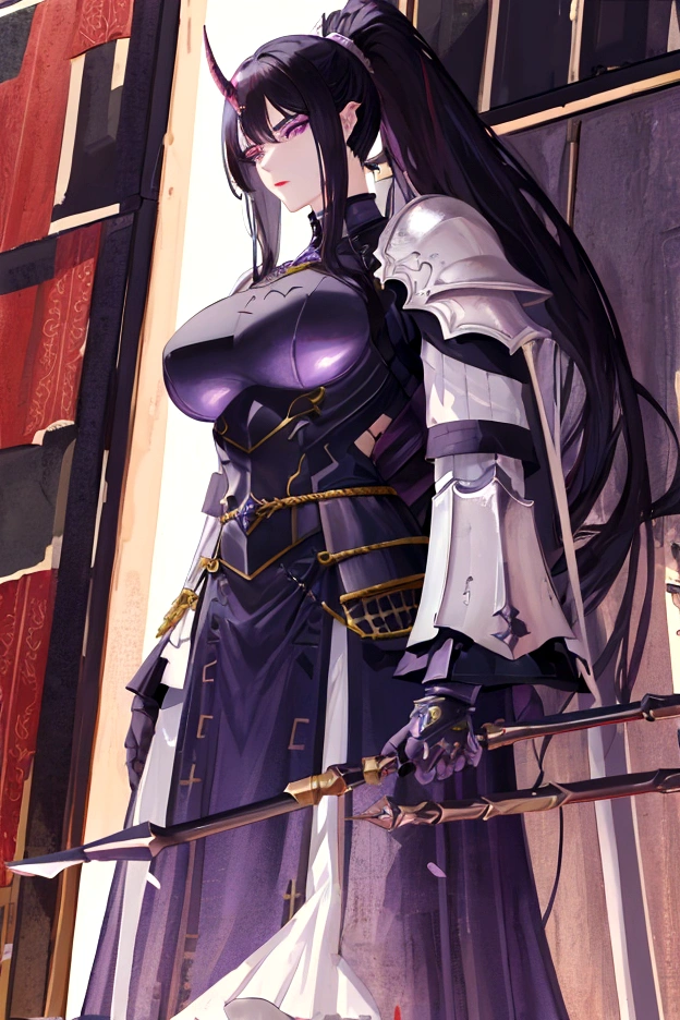 An adult tall woman, a war goddess, black hair with gray streaks, high ponytail, purple eyes, divine light, muscular physique, open white clothes, indifferent gaze, armor elements, lipstick, dragon horns and tail, armor elements