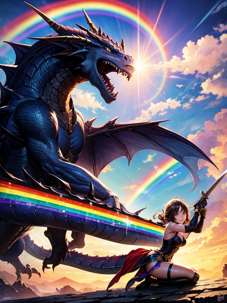 Highest quality,Highest Resolution,1Close-up of a girl,Fighting a big dragon,Holding a sword,In the sky1rainbow,Ancient City,Fantasy,