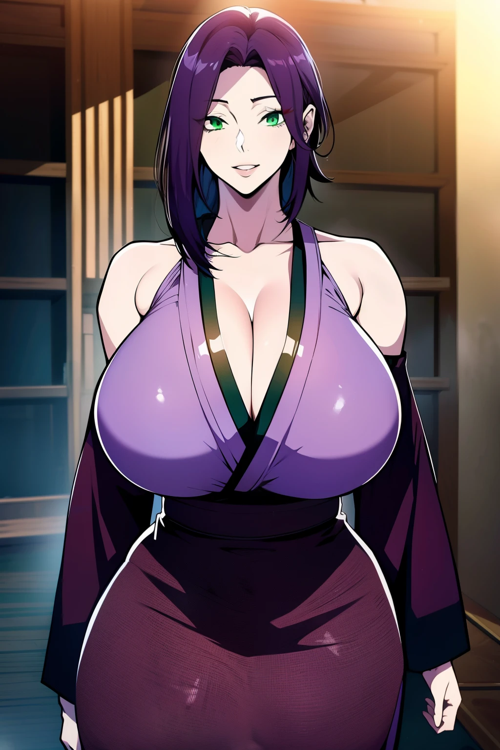 An anime-style artwork depicting Reze from the anime chainsaw man.

Tags: Reze, anime, detailed eyes, detailed lips, (short kimono:1.1), bare shoulders, smiling expression, intense gaze, dynamic pose, indoor, palace, vibrant colors, digital art, high-resolution, professional quality, gigantic breasts, cleavage,  curvy, cowboy shot, (gigantic breasts: 1.4), (green eyes:1.1), (purplish blue hair)