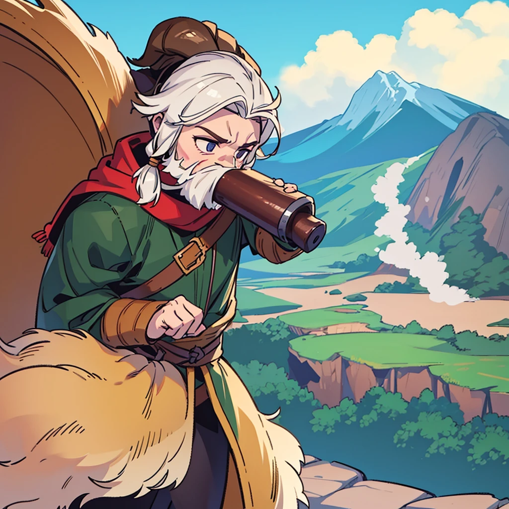 viking blowing a horn in the mountains