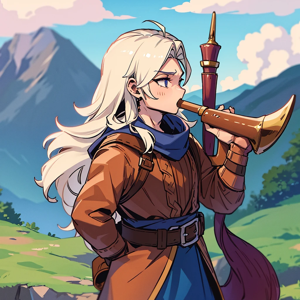 viking blowing a horn in the mountains