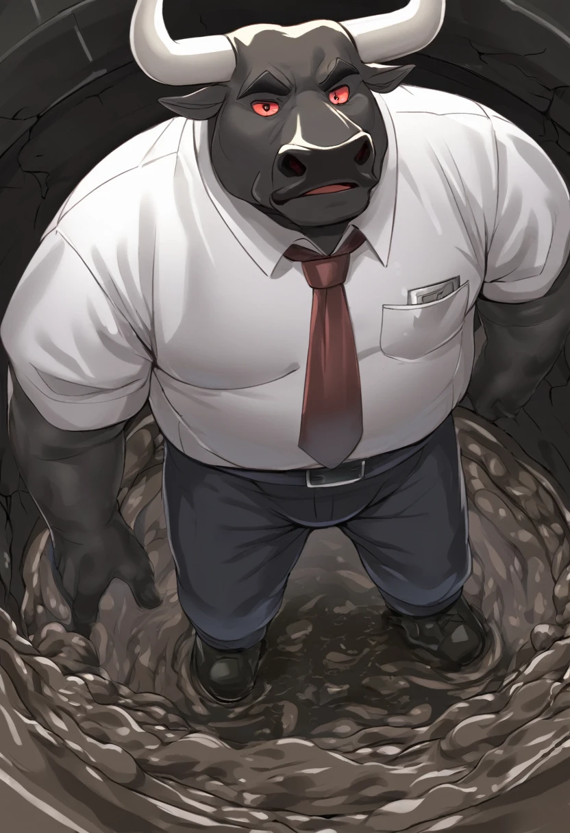 Black Bull,personification,Mature male,Honest expression,Red pupil,Black eyebrows,Workers clothing,Standing in the sewer,Covered in mud。
