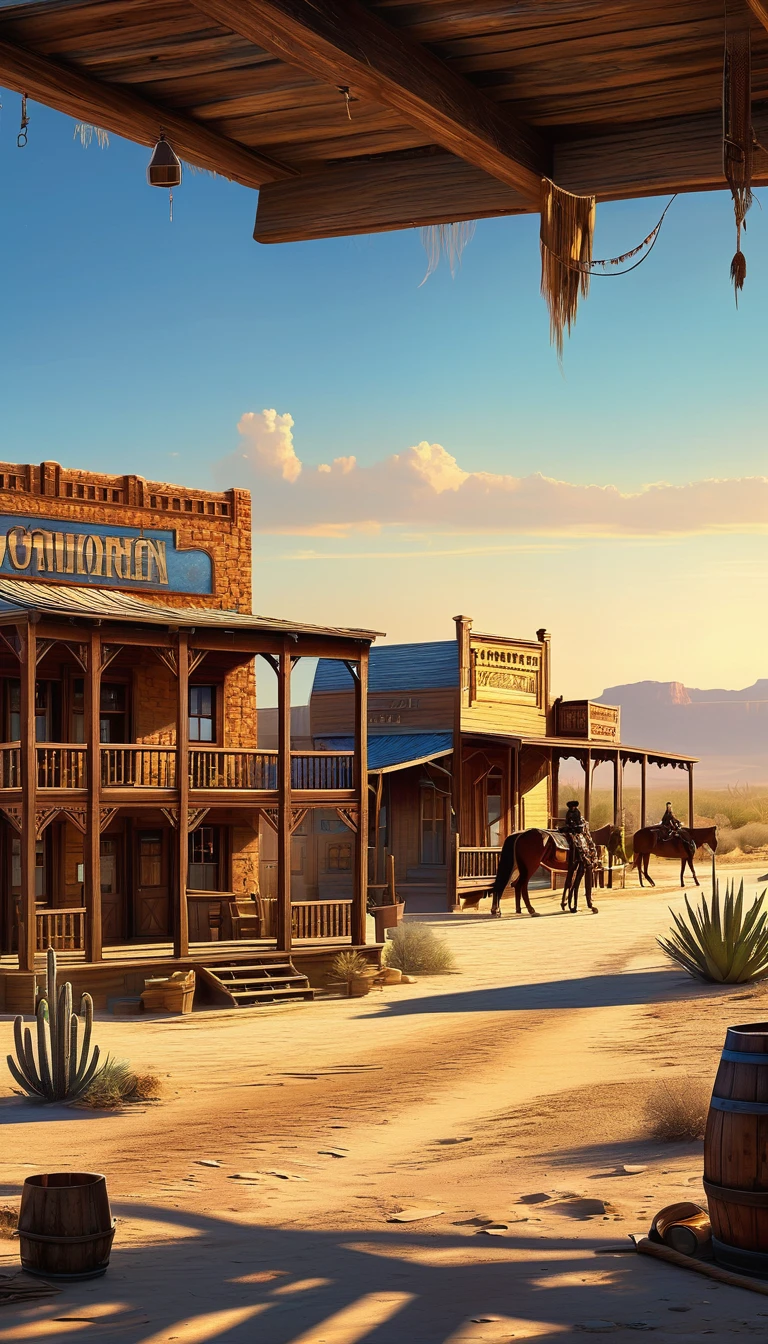 a detailed illustration of a town in the wild west, 1 cowboy, desert landscape, adobe buildings, dirt roads, wooden saloon, horses, cacti, blue sky, warm lighting, highly detailed, photorealistic, 8k, masterpiece, concept art