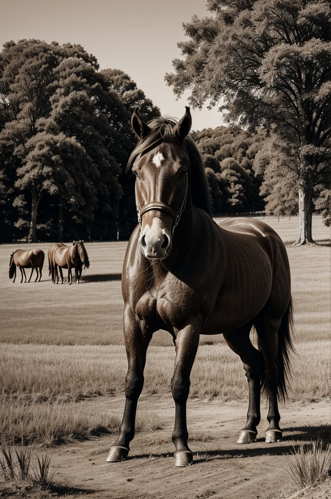 ultra realistic Sepia photo of a giant horse surrounded by farmers posing alongside it , old, texture, ancient,
