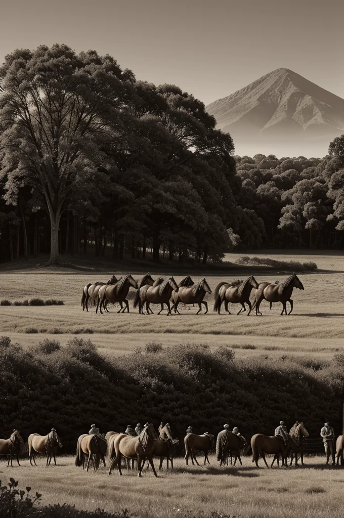 ultra realistic Sepia photo of a giant horse surrounded by farmers posing alongside it , old, texture, ancient,