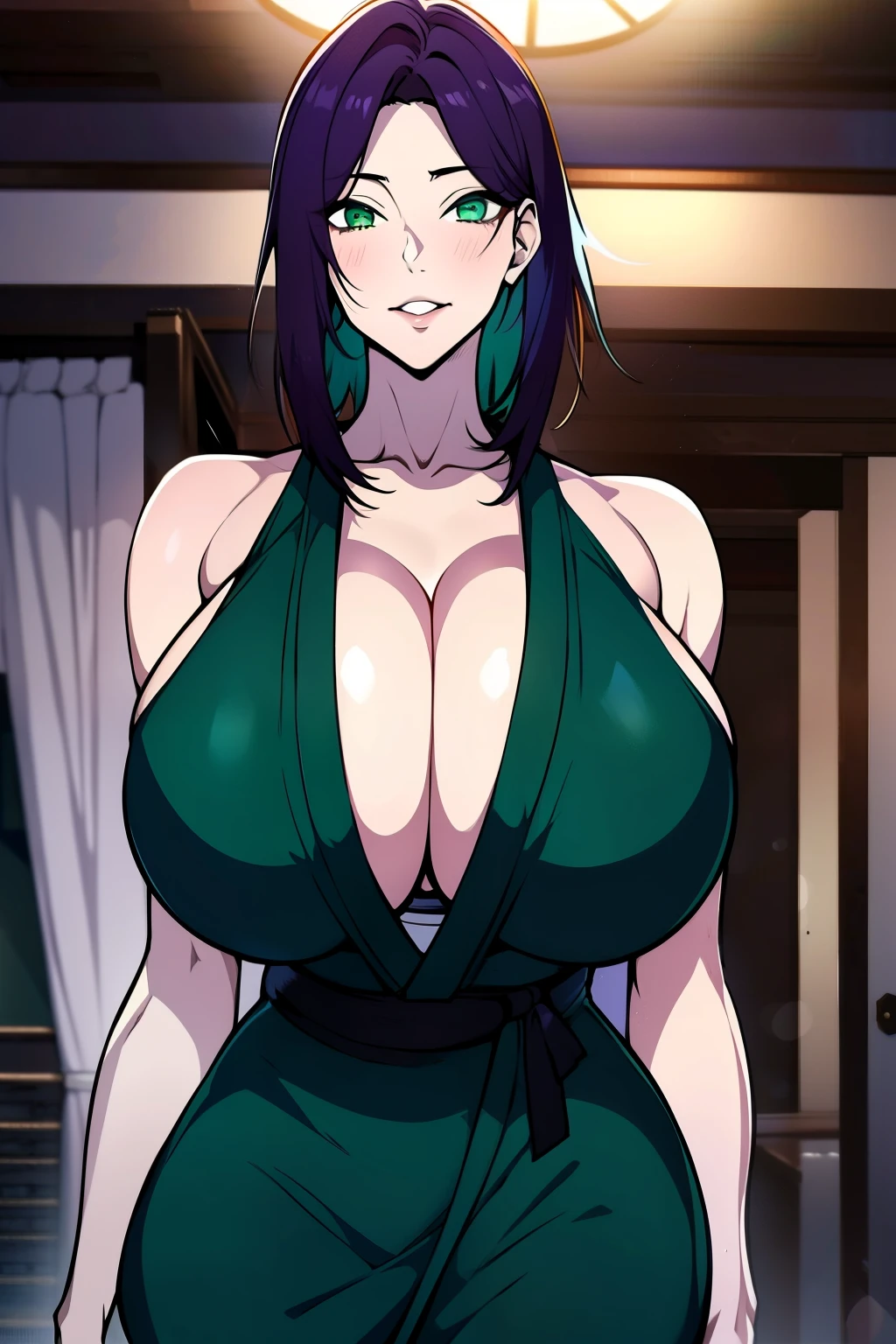 An anime-style artwork depicting Reze from the anime chainsaw man.

Tags: Reze, anime, detailed eyes, detailed lips, (short kimono:1.1), bare shoulders, smiling expression, intense gaze, dynamic pose, indoor, palace, vibrant colors, digital art, high-resolution, professional quality, gigantic breasts, cleavage,  curvy, cowboy shot, (gigantic breasts: 1.4), (green eyes:1.1), (purplish blue hair)