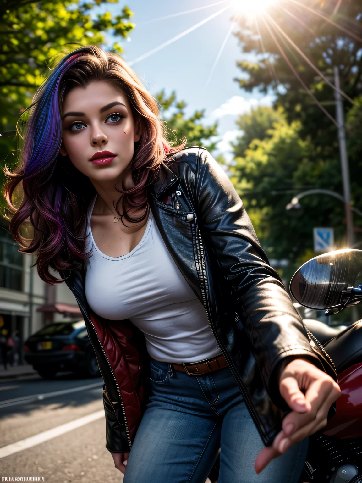 (masterpiece, photorealistic:1.4, extremely intricate:1.3, radiosity, photon mapping, dtx), ((20 year old athletic supermodel, ((25 years old), serious, long eyelashes, makeup:1.2), black leather coat, white t-shirt, ((from below)), red lips)), ((([skin detail:freckles:0.5], portrait))), outdoor, roadhouse parking lot, Motorcycle, faraway motorcycles, professional photograph, (((long curly [blonde hair:rainbow colored hair:0.1])), wind), BREAK ((intense sunlight, ((film grain))), bokeh), BREAK, ((([small breasts:medium  breasts:0.3])))