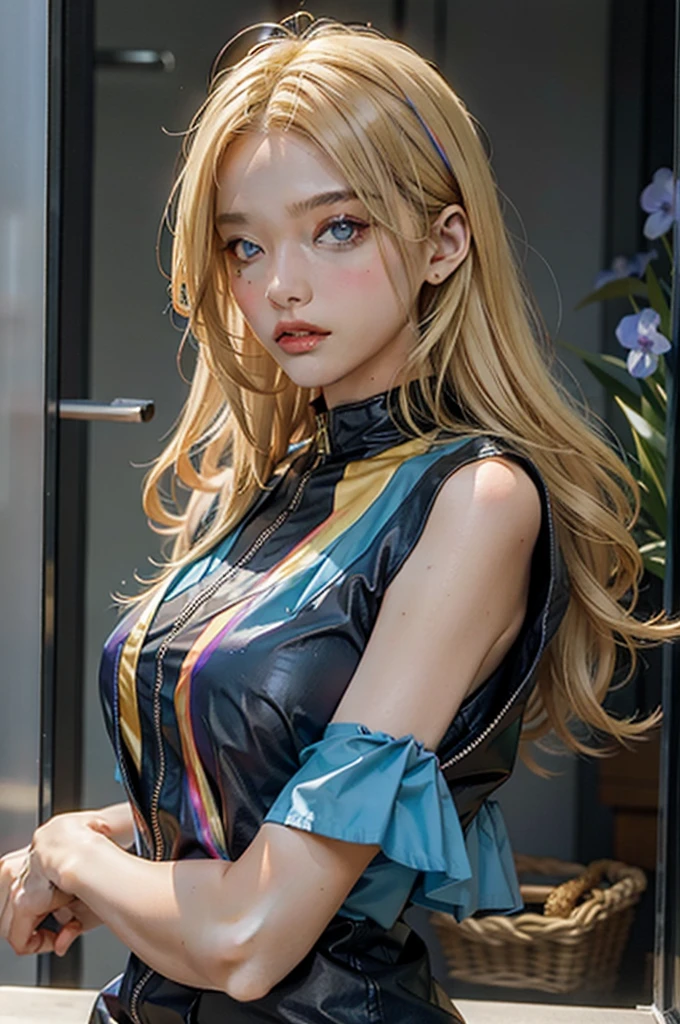 Blonde hair With rainbow wicks  blue irises wearing 2000 clothing