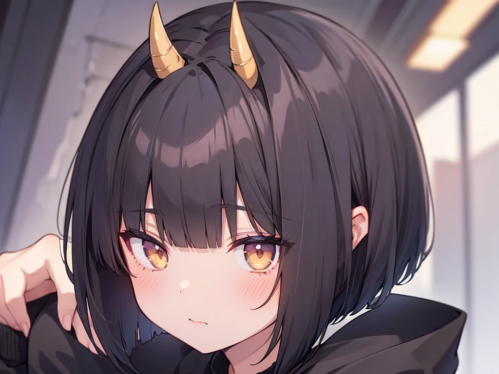 1girl, Black Hair, Blunt Bangs, Bobcut, Cat Eyes, Horn,