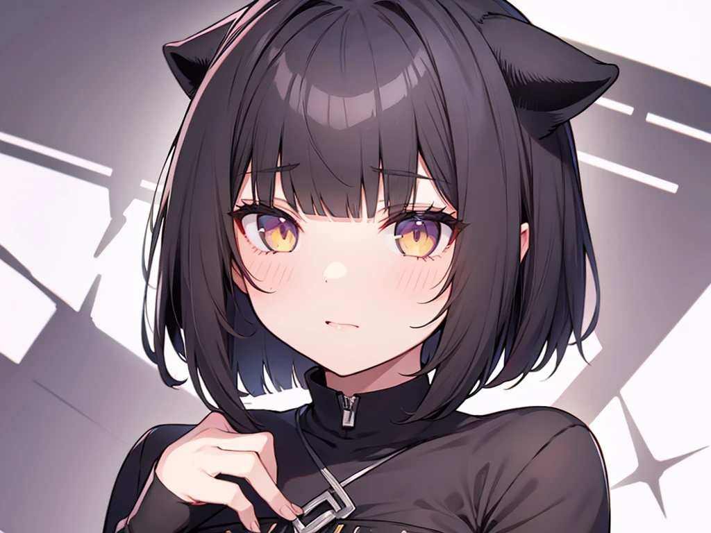 1girl, Black Hair, Blunt Bangs, Bobcut, Cat Eyes, Horn,