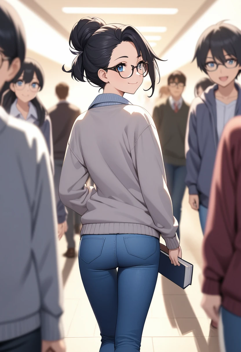 Adult female, highly detailed, glasses, short and messy black hair tied back, blue eyes, smile, crowded college hallway, cardigan, jeans, perfect eyes with black pupils, expressive eyes, high quality, best quality, walking, holding books, well defined eyes, behind view, turning a corner, not looking