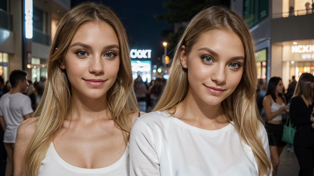 Lily Bowman), posing, modeling, with white casual outfit design, full body, mall, in the night, sexy smile, best quality, blur night background with Green Eyes, , Ultra Realistic, Meticulously Detailed, Portrait, Blonde Hair and Big Eyes, Selfie of a Young Woman, Green Eyes, No Makeup, Natural Makeup, Looking Directly at the Camera, face artgram, subtle make-up, Impressive photo, stand, with sexy smile, Medium and large size chest, allowing the face to be seen clearly, mall, night.
