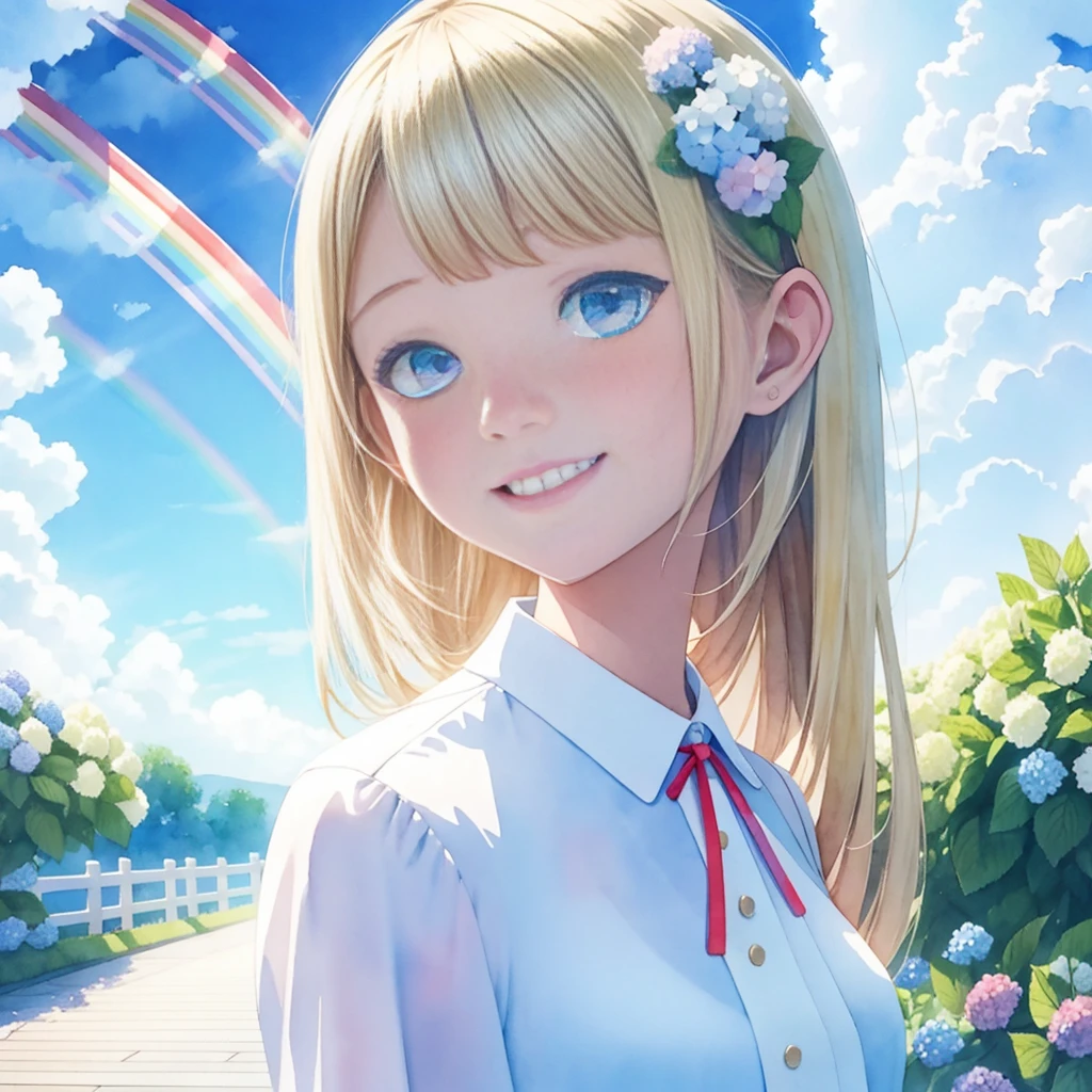 Highest quality,masterpiece,Watercolor style,Girl,Blonde,blue eyes,White dress,Red Ribbon Hydrangea,after the rain,rainbow,Looking up at the sky,smile,light spreads
