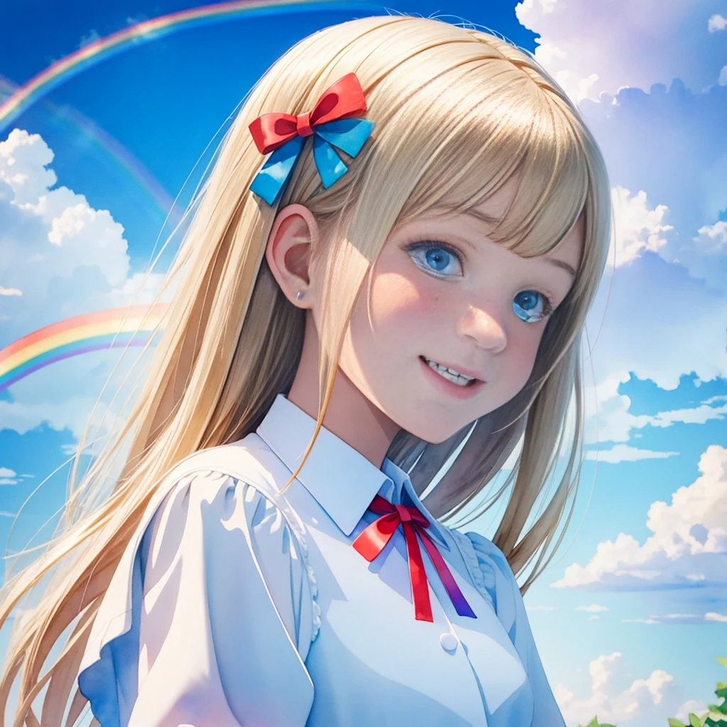 Highest quality,masterpiece,Watercolor style,Girl,Blonde,blue eyes,White dress,Red Ribbon Hydrangea,after the rain,rainbow,Looking up at the sky,smile,light spreads