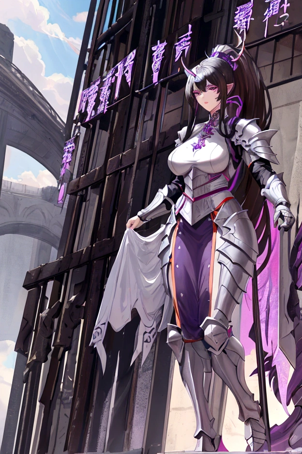An adult tall woman, a war goddess, black hair with gray streaks, high ponytail, purple eyes, divine light, muscular physique, open white clothes, indifferent gaze, armor elements, lipstick, dragon horns and tail, armor elements, reference, full height