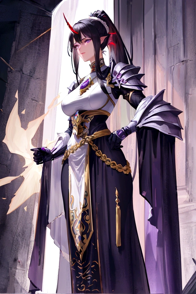 An adult tall woman, a war goddess, black hair with gray streaks, high ponytail, purple eyes, divine light, muscular physique, open white clothes, indifferent gaze, armor elements, lipstick, dragon horns and tail, armor elements, reference, full height