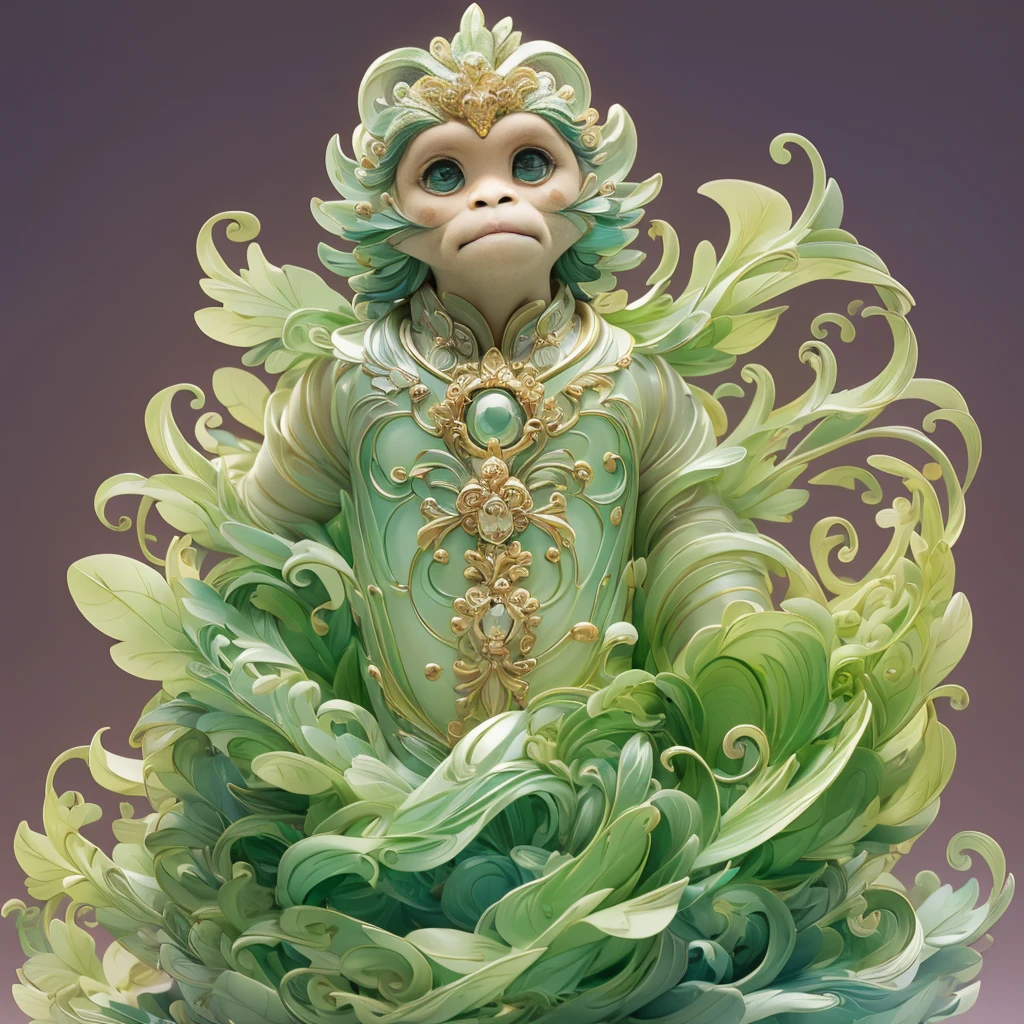 The shape of a monkey，the background is clean，dreamy colors，Transparent statue，floral，eyes large，green color，Serious expression in key))，clean eyes，Masterpiece artwork，（best qualityer：1.3），um macaco，whole body
