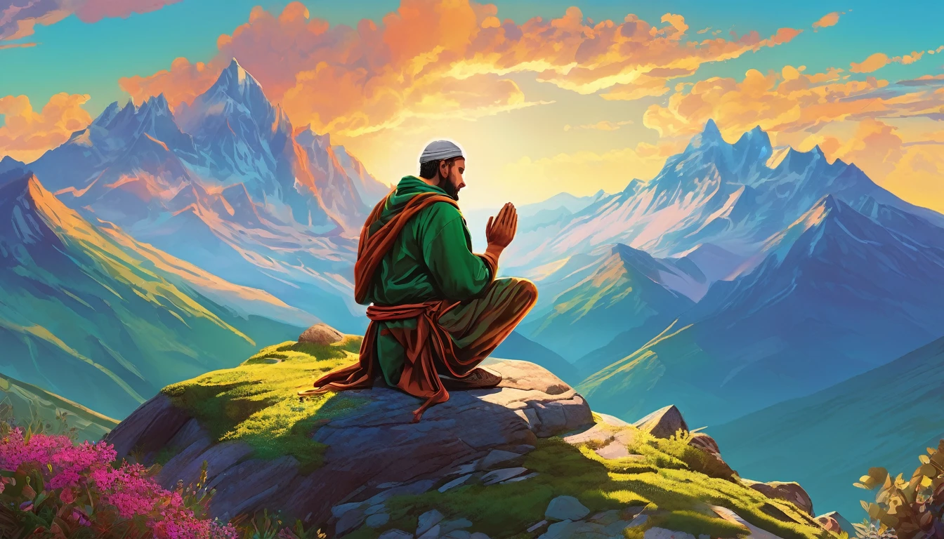 (best qualityer,4K,high resolution:1.2),ultra detali,(realisitic:1.37),detailed kneeling man praying on top of a mountain,illustrations,background illustrations,colorful epic illustration,by Luis Molinari,book illustration ,promotional artwork.