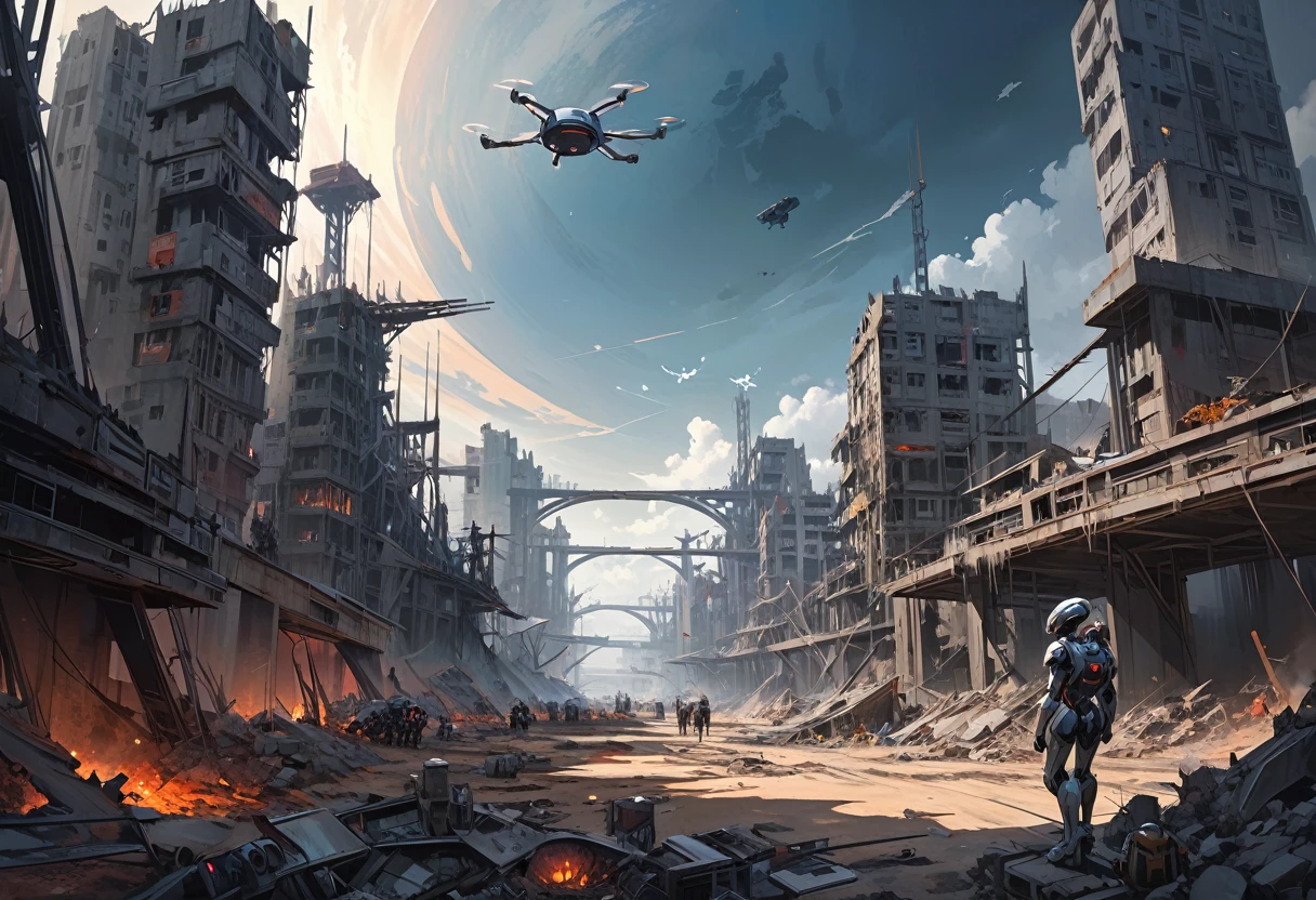 grand scape, futuristic atmosphere, dead world theme, polluted world, destroyed minimalist city with unfinished building structures, all constructions made of steel and iron, without vegetation, No Water, dark world, spectacular sky from another world, humanoid robots and drones roaming the environment. oil painting)