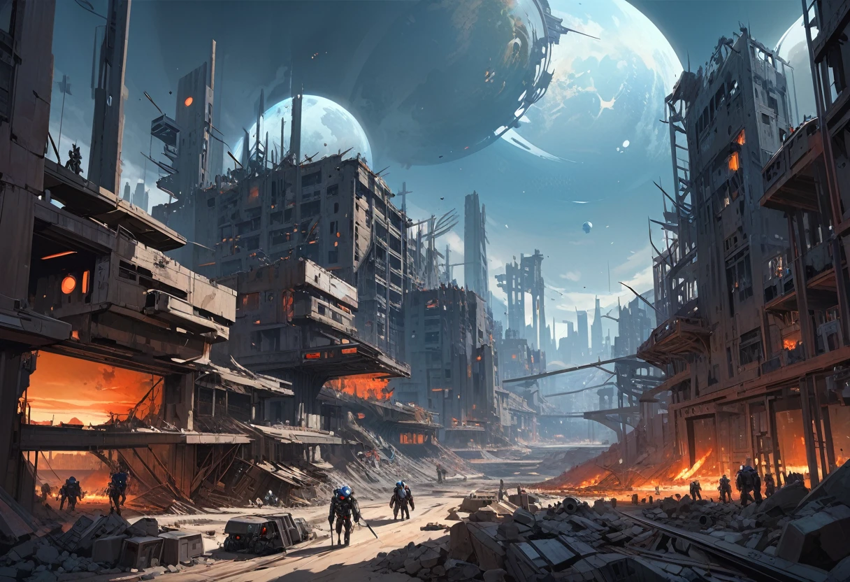 grand scape, futuristic atmosphere, dead world theme, polluted world, destroyed minimalist city with unfinished building structures, all constructions made of steel and iron, without vegetation, No Water, dark world, spectacular sky from another world, humanoid robots and drones roaming the environment. oil painting)