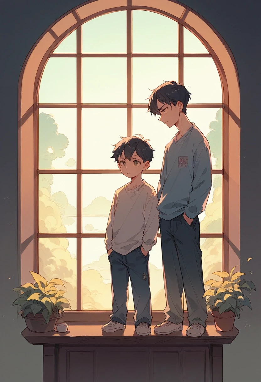A little boy standing in front of a window, looking out with a neutral expression.
Then the window opens and a bright and colorful landscape is shown on the other side. the boy smiles slightly. It adds a warm light effect to your face.