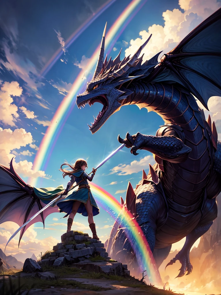 Highest quality,Highest Resolution,１Beautiful girl of the person,up,Fighting a big dragon,Holding a sword,In the sky１rainbow,Ancient City,Fantasy,