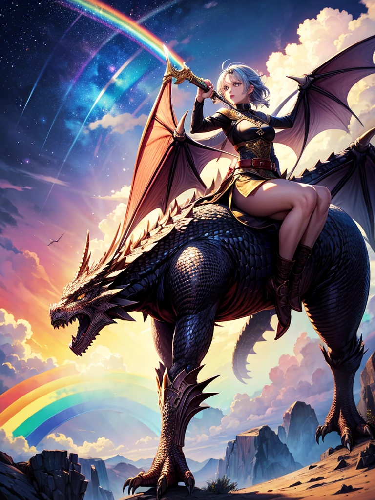 Highest quality,Highest Resolution,１Beautiful girl of the person,up,Fighting a big dragon,Holding a sword,In the sky１rainbow,Ancient City,Fantasy,