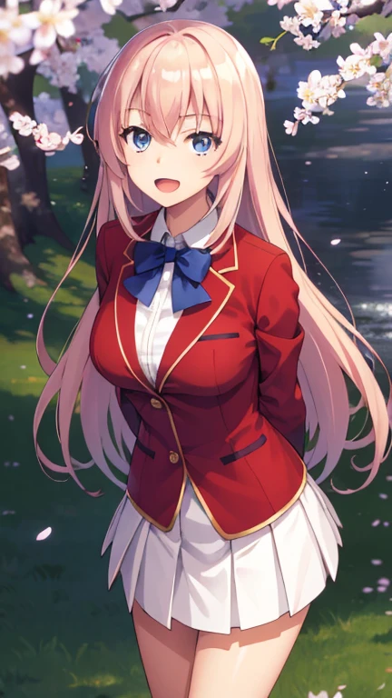 masterpiece, best quality, highres, aahonami, long hair, Blonde hair, blue eyes, , blue bowtie, blazer, red jacket, long sleeves, pleated skirt, white skirt, arms behind back, smile, open mouth, leaning forward, standing, cherry blossoms,