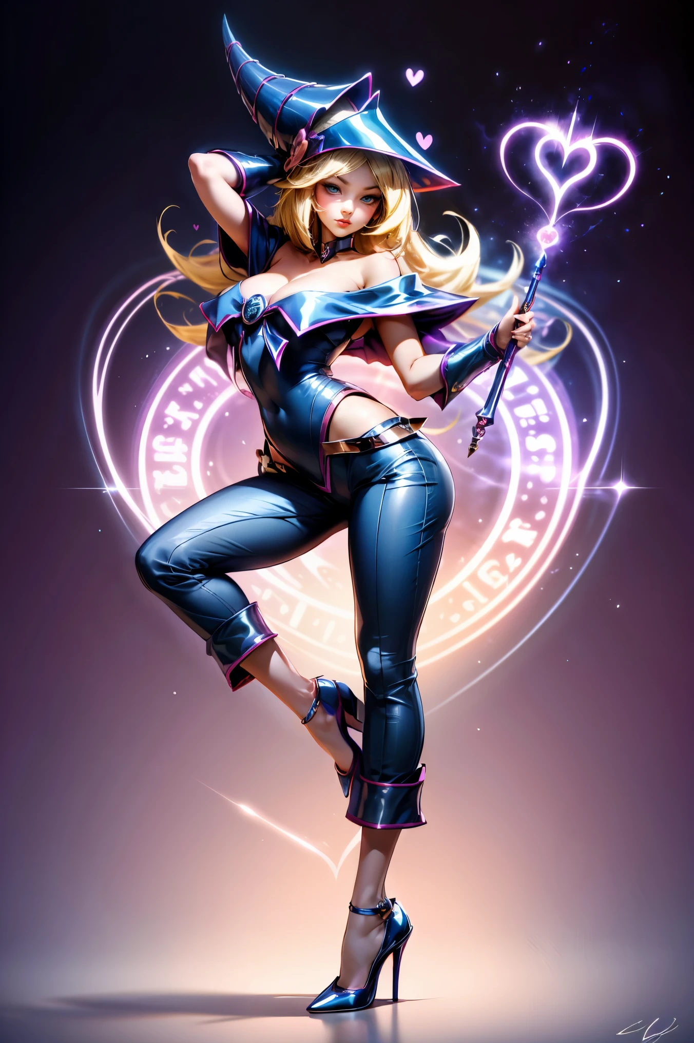 dark magician gils, with high-heels. pants, sexy, Subjective and sensual pose. magic background. Magical heart in the air. magic circle