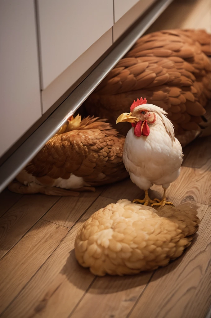 A chicken with a disgusted face lying down