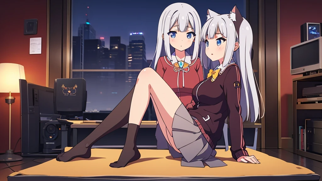 Girl long white hair blue eyes blush on face in PC gaming room Short pleated skirt long stockings cat hoodie black great quality 8k very detailed image perfect anatomy full body