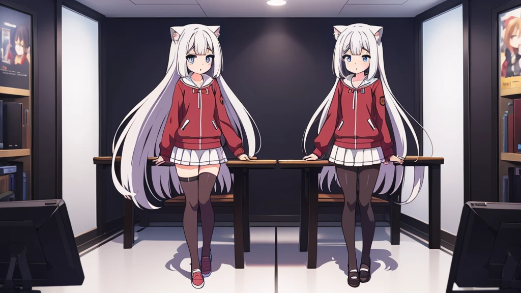 Girl long white hair blue eyes blush on face in PC gaming room Short pleated skirt long stockings cat hoodie black  great quality 8k very detailed image perfect anatomy full body 