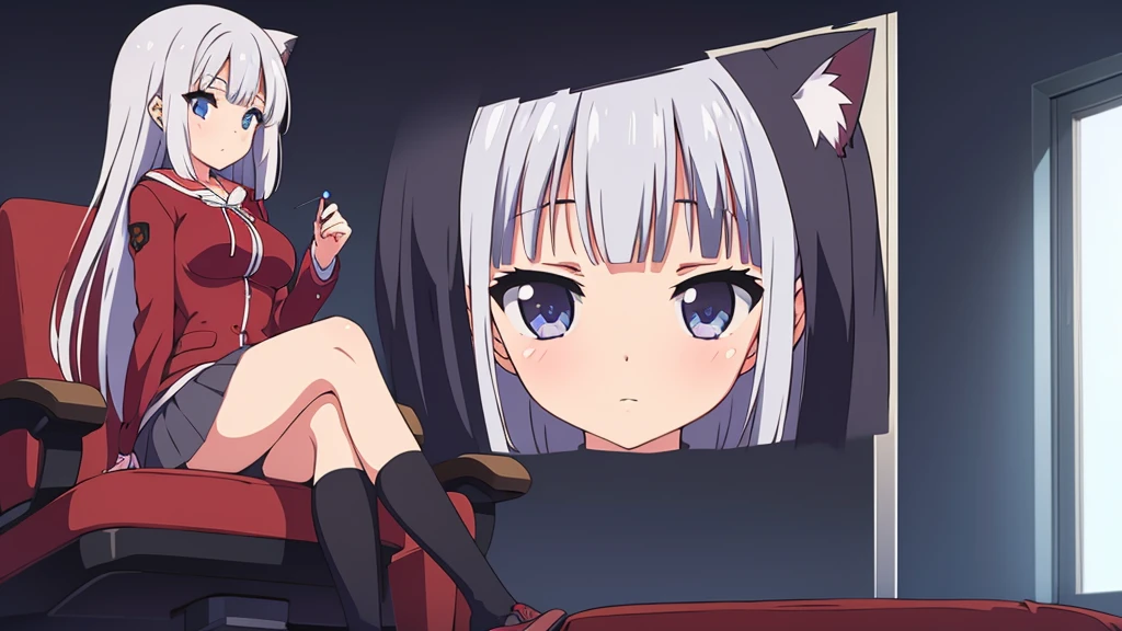 Girl long white hair blue eyes blush on face in PC gaming room Short pleated skirt long stockings cat hoodie black great quality 8k very detailed image perfect anatomy full body