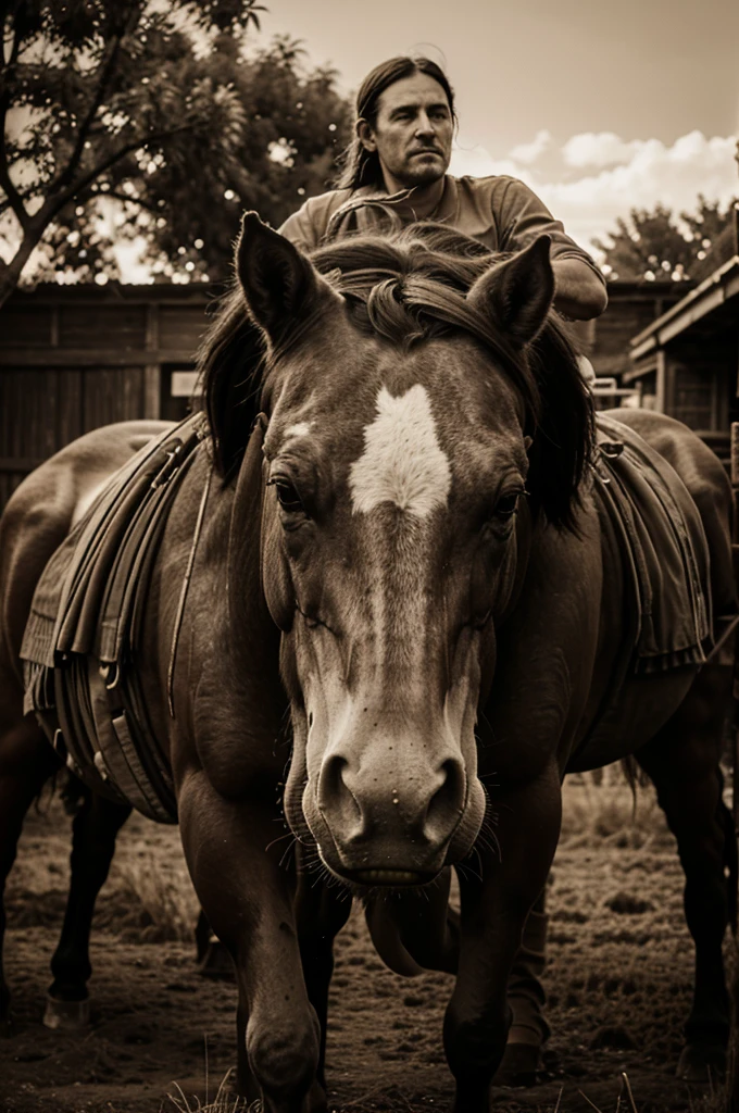 ultra realistic Sepia photo of a giant horse surrounded by farmers posing alongside it , old, texture, ancient,
