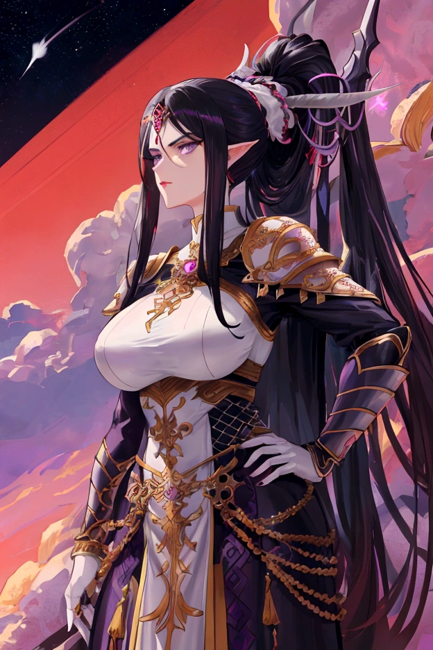 An adult tall woman, a war goddess, black hair with gray streaks, high ponytail, purple eyes, divine light, muscular physique, open white clothes, indifferent gaze, armor elements, lipstick, dragon horns and tail, spears, reference, full height