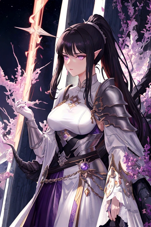 An adult tall woman, a war goddess, black hair with gray streaks, high ponytail, purple eyes, divine light, muscular physique, open white clothes, indifferent gaze, armor elements, lipstick, dragon horns and tail, spears, reference, full height