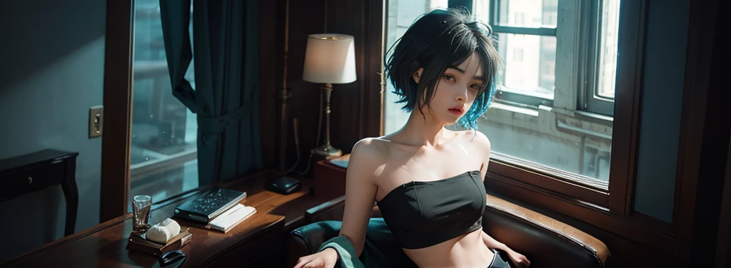 23 year old girl, beautiful, short shoulder length hair, black and cyan hair color, almond eyes, no makeup, cyan crop top, thin leggings, in front of the window, night city, quiet atmosphere, close-up, midnight, (photo: 1.2 ), (super realistic: 1.3), (highly detailed: 1.1), ((masterpiece)), quiet, hackers 