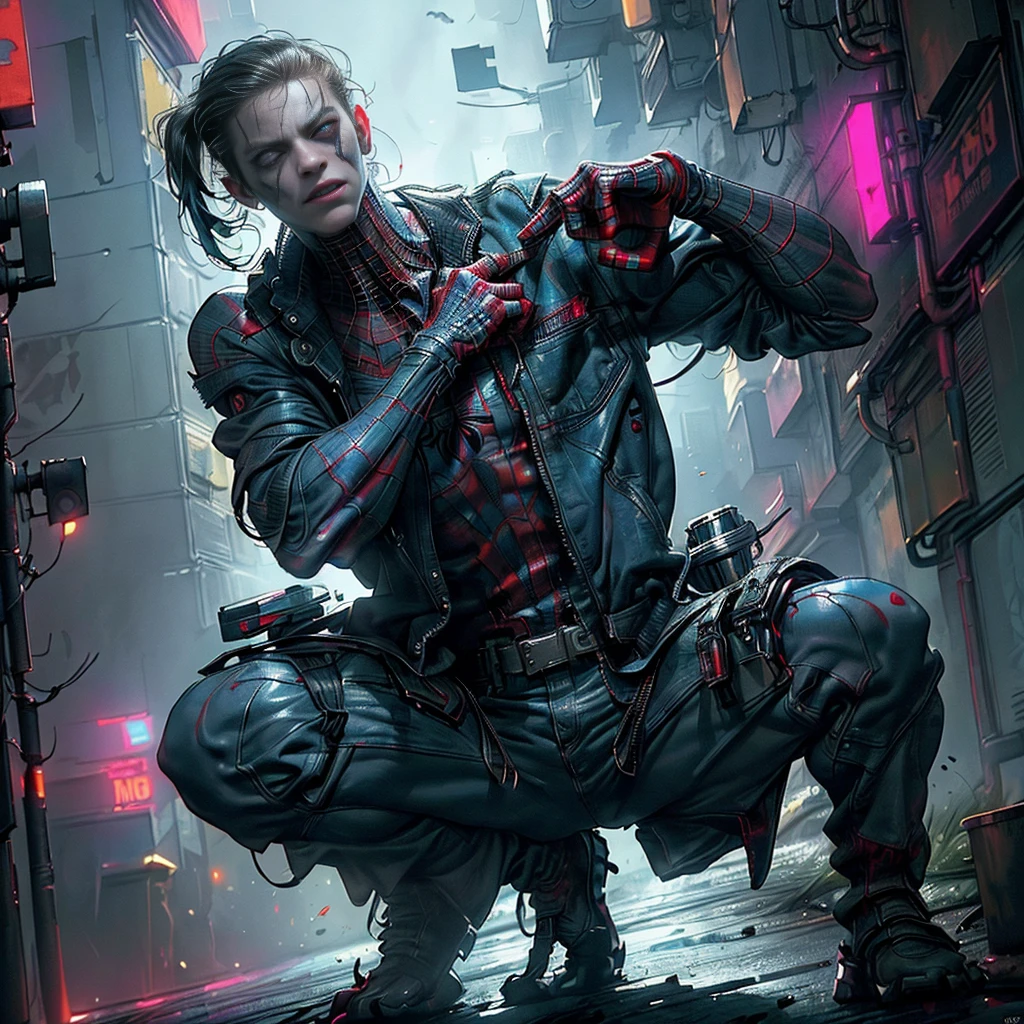 Spiderman as a zombie,(top-quality、8K、32K、masterpiece、nffsw:1.3)、(The ultra -The high-definition)、(Photorealsitic:1.4)、Raw photography,Perfect eyes,Charming perfect figure,actionpose:1.2,Detailed cyberpunk fashion、World of Cyberpunk,depth of fields,blurry backround,、