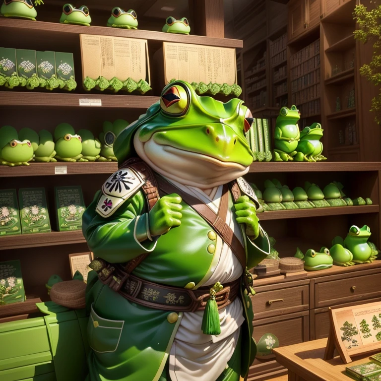 there is a large green frog statue in a store with shelves, with a cute toadstools,, toadstools samurai, big toadstools, very detailed toadstools, inspired by Fujishima Takeji, toadstools, Anime movie screenshots, frog, the wednesday frog, frog themed, 3d model of a japanese mascot