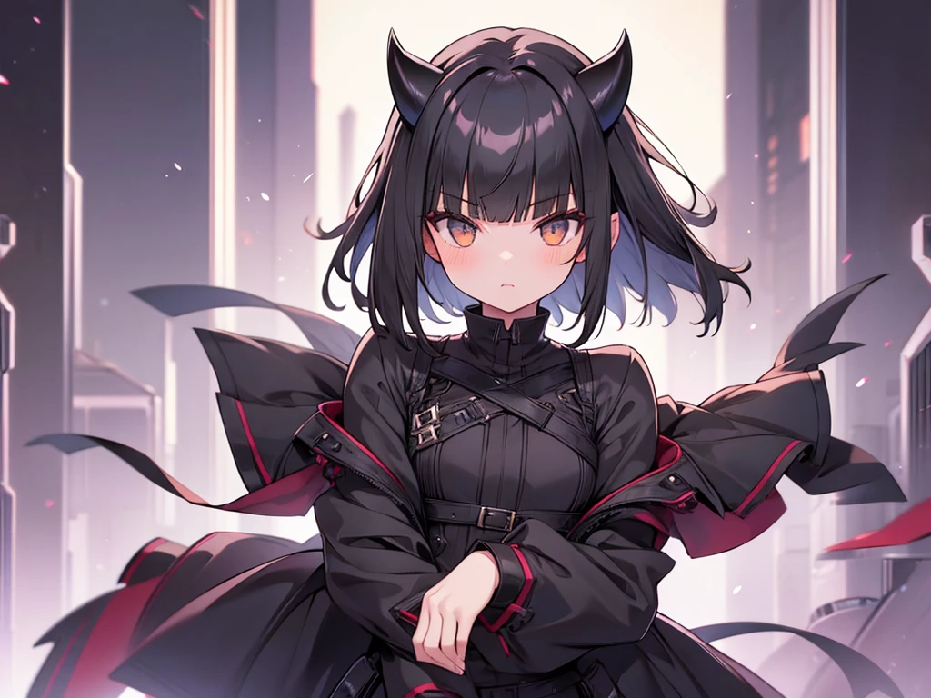 1girl, Black Hair, Blunt Bangs, Bobcut, Cat Eyes, Blade-like horns, cowboy shot, Iris, 