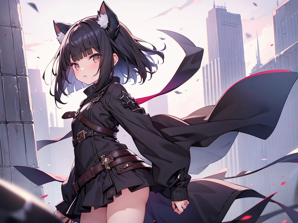 1girl, Black Hair, Blunt Bangs, Bobcut, Cat Eyes, Blade-like horns, cowboy shot, Iris,