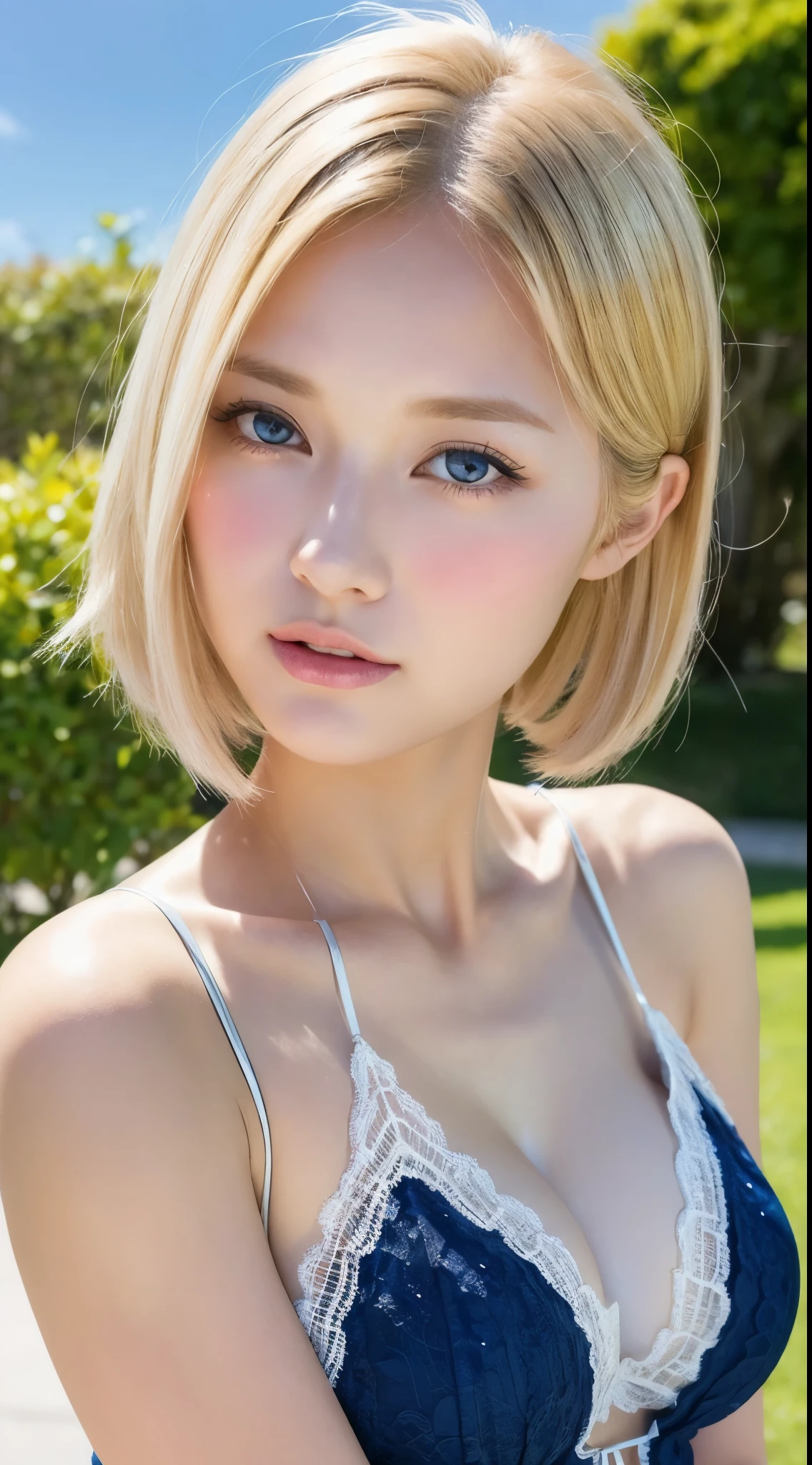 Beautiful and fair、Radiant Skin, 3 Up, Gorgeous, bright, Refreshing and gentle expression, Perfect beautiful face、Blonde short hair,Beautiful shiny bangs, A very beautiful 17 year old girl, Eyeliner, Very perfect and beautiful lovely big clear sky blue eyes,Very large breasts,Grooves reveal original skin,Muscular body,Silver glasses,Tight lace lingerie,student