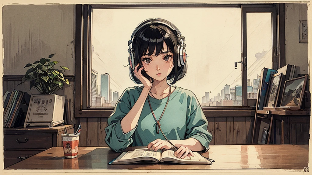 A very detailed beautiful woman, Perfect face,Black Hair, bob cut,Bangs, Gray eyes, Super detailed, Retro Wave , Wearing headphones, Studying in the room, Neon scenery on rainy day,Simulate color themes, Lo-fi hip-hop , Retrospective, flat, 2.5 days ,draw a line, digital ink painting, The slope is great, watercolor, Gush Nucleus, Studio Ghibli style, amazing colors, Appearance tons, Synthwave, Luo Fei Art,90s style,Ancient textures, amplitude,90s vibe, On the table, Amazing technology, 16:Scale 9