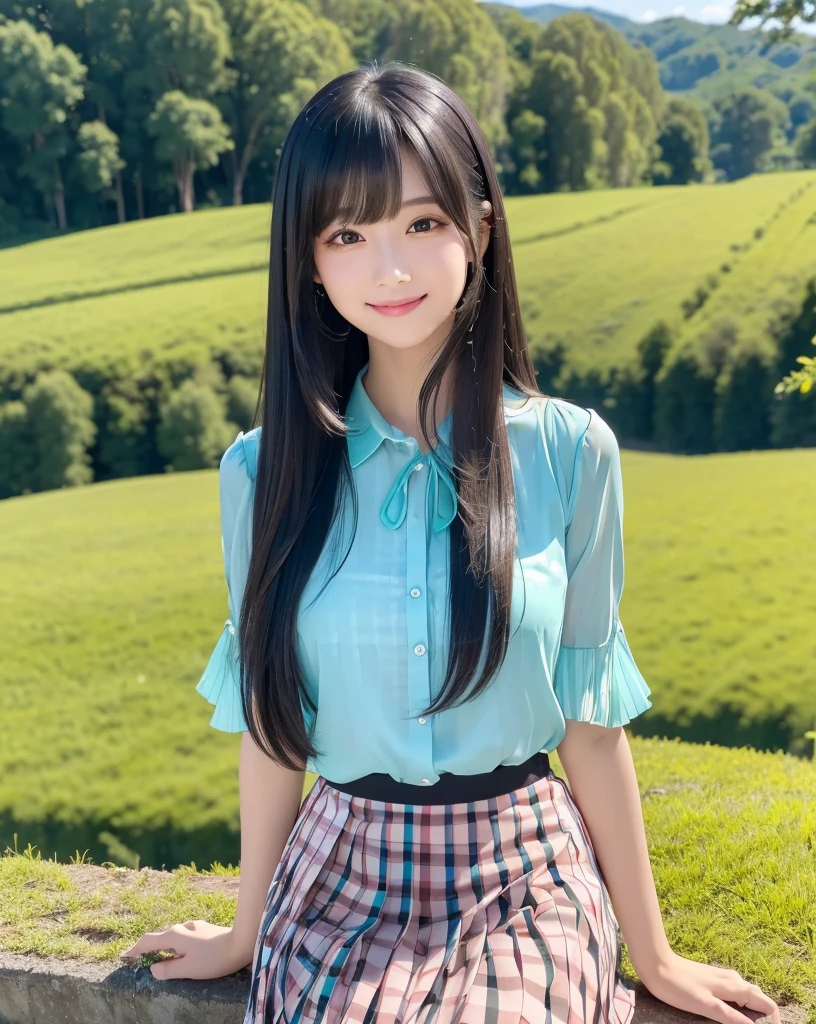 (Highest quality, 32k, High resolution, Masterpiece:1.5), marimo_jet, god々A photograph with brilliant dazzling and healing power., Evoking a sense of calm and elusive beauty, Expressing emotions, Have a rich imagination,Beautiful Japanese Girls, An exceptionally beautiful face, Small Face Beauty, Perfect Human Anatomy, Magical big eyes, Motherhood and generosity, Deep Love, fleeting smile, ((Shiny black hair:1.1)), Super Long Straight Silk Hair, Asymmetrical bangs, Hair between the eyes, Transparent, soft white skin, Sharp eyebrows, Thin lashes, Natural Makeup, Cheek highlighter, Pale pink detailed lips, ((Turquoise Camisole:1.2)), ((Red and black checked pleated skirt:1.2)), High resolutionの完璧な鎖骨, High resolutionの美しい胸元, Slim figure with ample breasts, High resolutionの美しい太もも, Beautiful legs, ((On the hill in spring:1.3)), ((A rural landscape below the hills:1.4)), Sitting on a green meadow, ((Absolute area:1.6)), Dazzling sunlight, blue sky, White cloud, Professional Lighting, Professional photographer, Professional models, god秘的