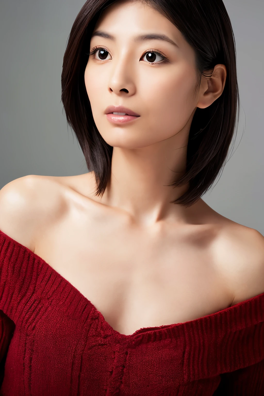 (High reality photograph, high resolusion photograph, super detailed face, detailed eyes) Japanese lady, {30|40} years old, slender body, cute face, various face expression, black {long|short} hair, medium breasts, very thin waist, correct human body structure, Off-the-shoulder Red Dress, full-body photo, alone in a photo