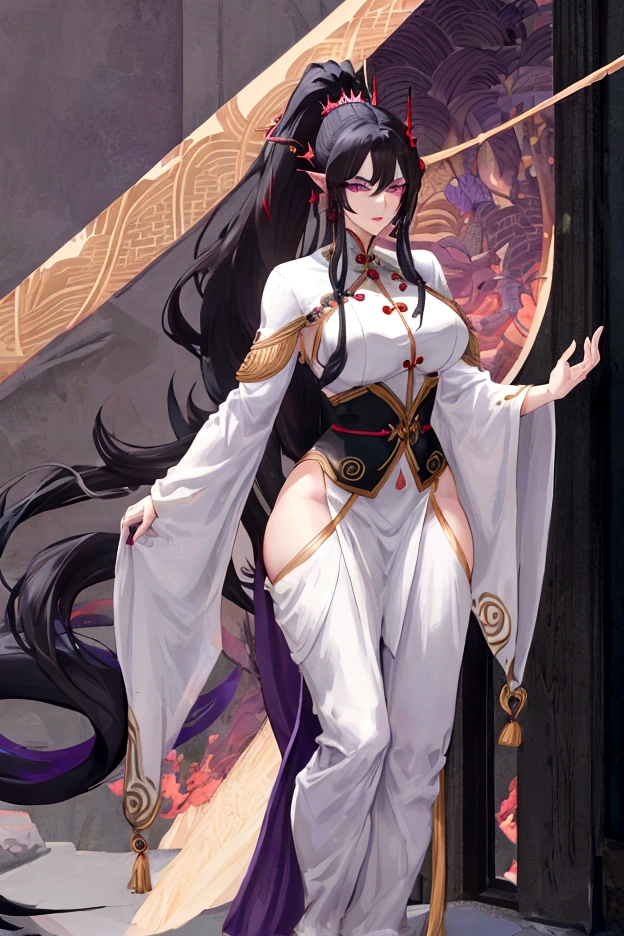 An adult tall woman, a war goddess, black hair with gray streaks, high ponytail, purple eyes, divine light, muscular physique, open white clothes, indifferent gaze, lipstick, dragon horns and tail, spears, reference, full height