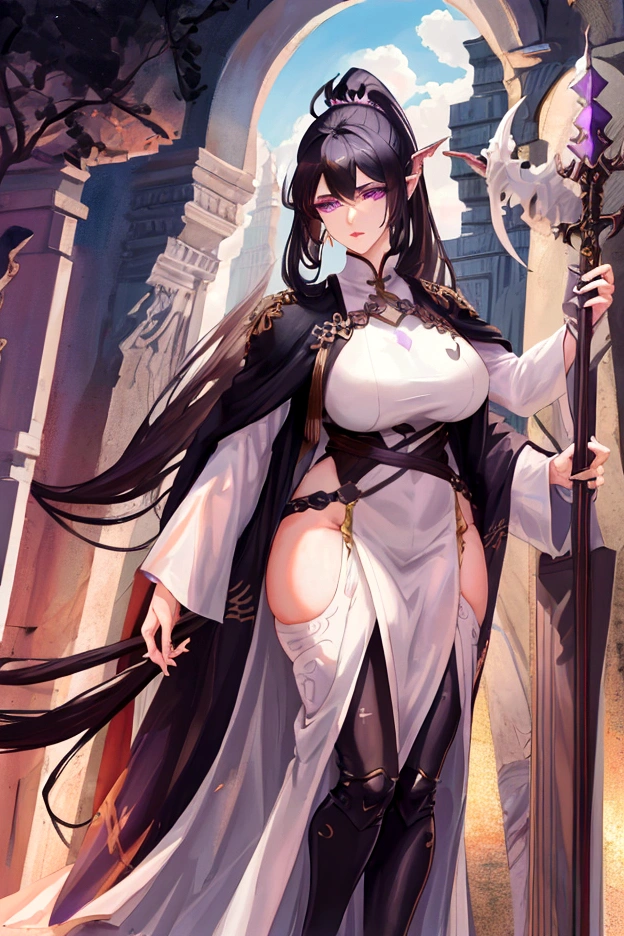 An adult tall woman, a war goddess, black hair with gray streaks, high ponytail, purple eyes, divine light, muscular physique, open white clothes, indifferent gaze, lipstick, dragon horns and tail, spears, reference, full height
