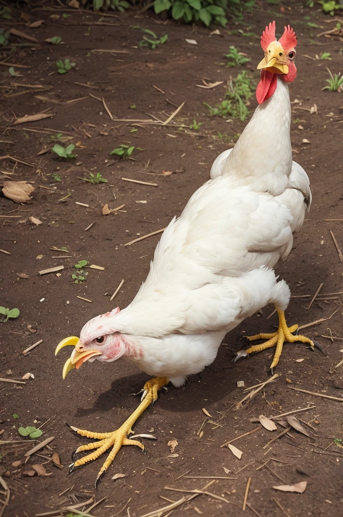 A chicken with its legs open upwards and lying on the ground