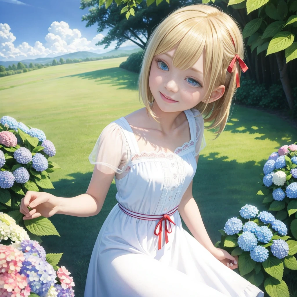 Highest quality,masterpiece,Watercolor style,Girl,Blonde,blue eyes,White dress,Red Ribbon Hydrangea,after the rain,rainbow,Looking up at the sky,smile,light spreads