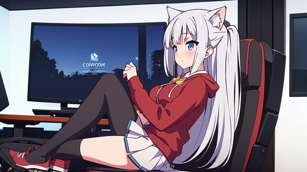 Girl long white hair blue eyes blush on face in PC gaming room Short pleated skirt long stockings cat hoodie black great quality 8k very detailed image perfect anatomy full body
